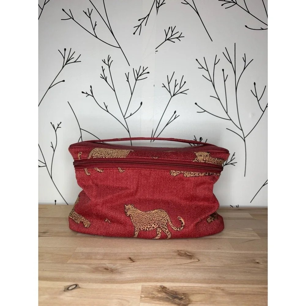 VTG Red Cheetah Print Fabric Makeup Bag & Case Set with Zipper and Handle